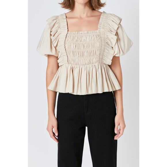 Endless Rose Smocked Puff Sleeve Peplum Crop Top - Picture 6 of 8